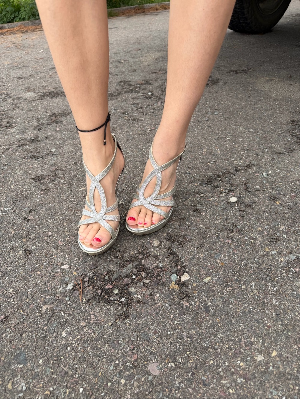 Women's Silver Strappy Evening Sandals - Elegant Glitter Heels